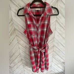 Red white and blue plaid button down dress